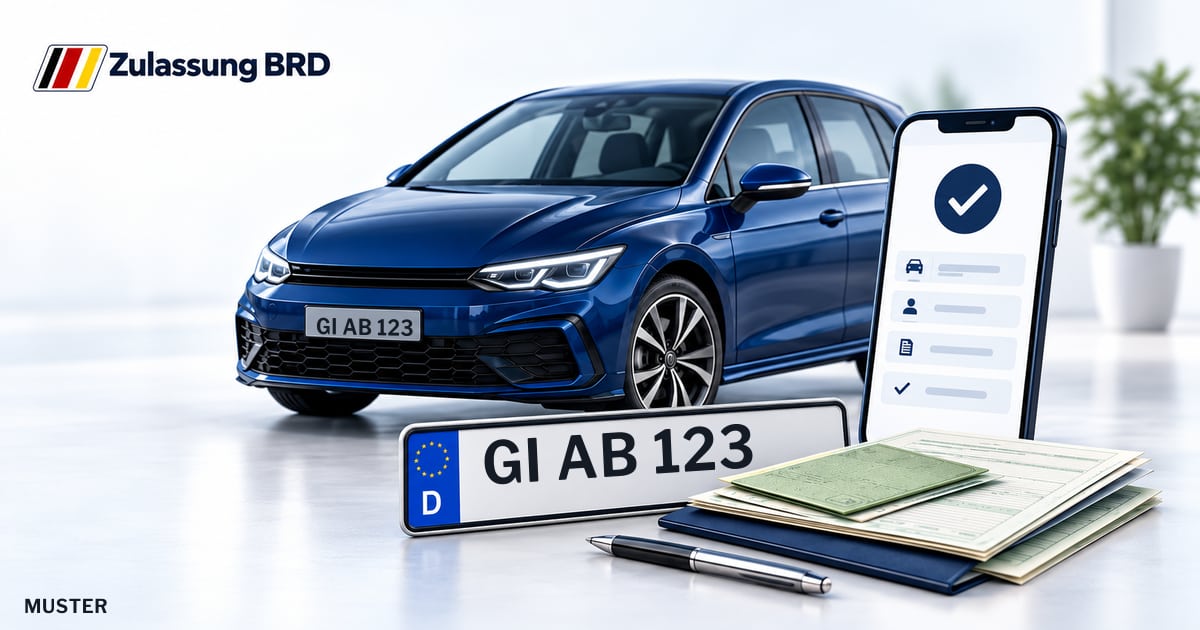 Online Fahrzeugzulassung in Laubach: Musterkennzeichen GI AB 123, Auto und Fahrzeugpapiere und Smartphone. Illustration mit Logo von Zulassung BRD.